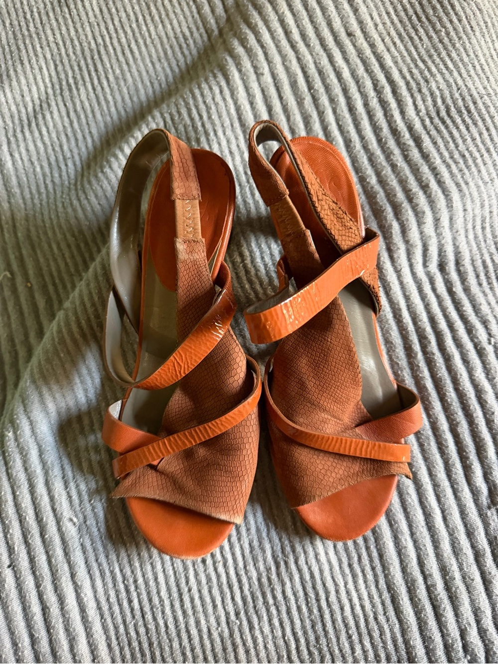 Handmade in Italy Leather Sandals Kitten Heel Brown & Burnt Orange
